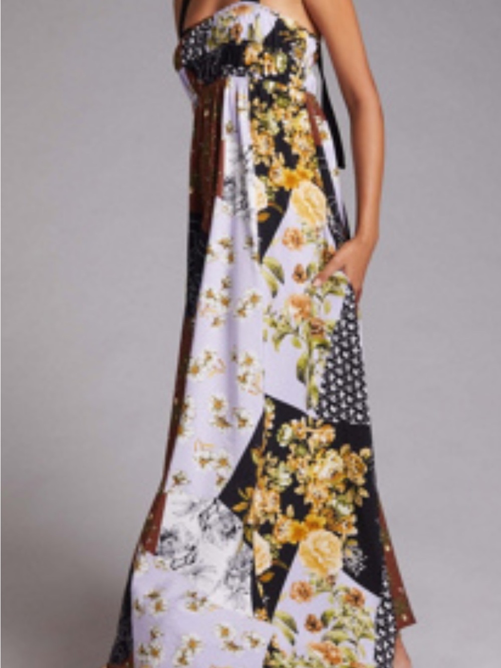 Floral Patchwork Strapless Maxi Dress - White & Black